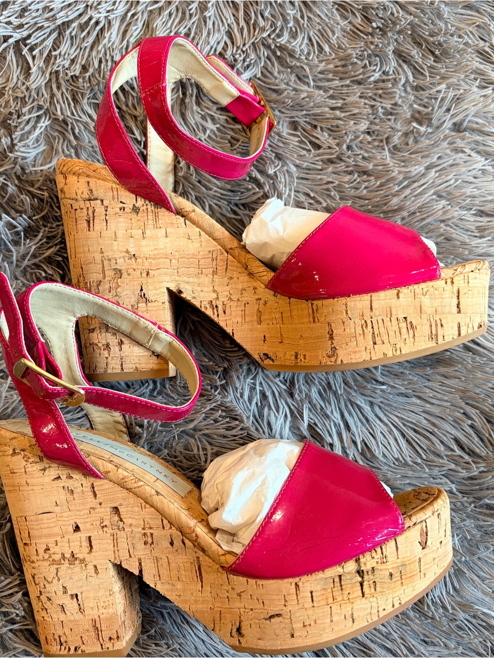 Stella McCartney Patent Fuchsia Cork Platform Sandals with Ankle Strap